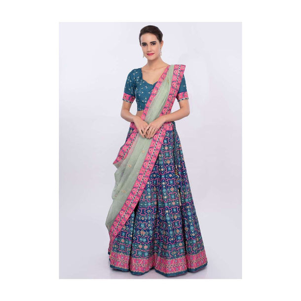 Blue And Pink Lehenga Set In Patola Printed With Pista Green Organza Dupatta Online - Kalki Fashion