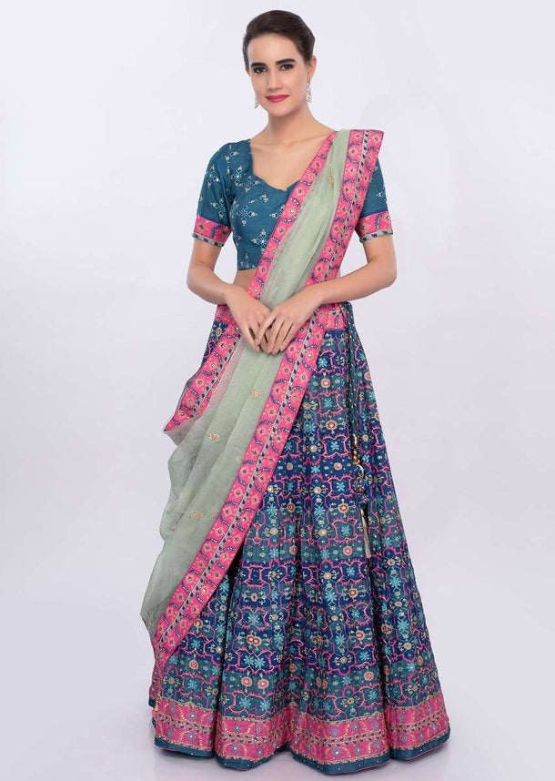 Blue And Pink Lehenga Set In Patola Printed With Pista Green Organza Dupatta Online - Kalki Fashion