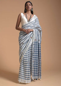 Blue And White Saree In Linen With Woven Stripes And Chain Stitch Embroidered Floral Buttis Online - Kalki Fashion