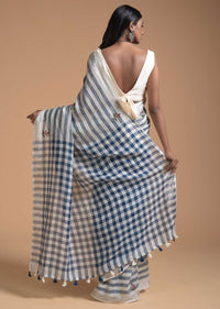 Blue And White Saree In Linen With Woven Stripes And Chain Stitch Embroidered Floral Buttis Online - Kalki Fashion