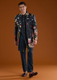 Blue Viscose Mens Indowestern Kurta Pant Set