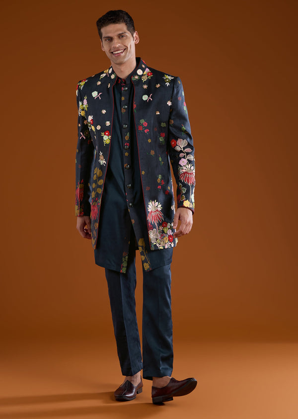 Blue Viscose Mens Indowestern Kurta Pant Set