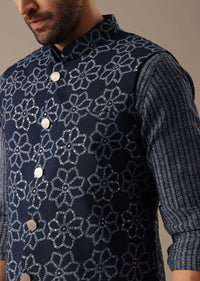 Blue Bandhani Print Bundi & Kurta Set in Silk