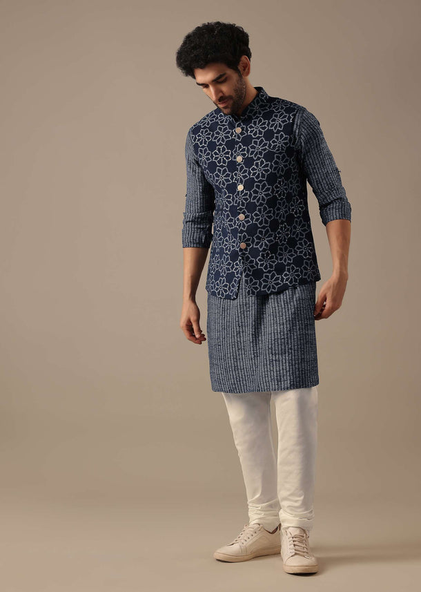 Blue Bandhani Print Bundi & Kurta Set in Silk