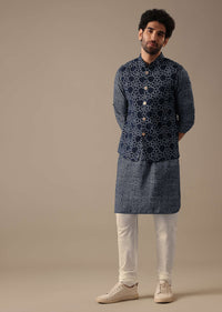 Blue Bandhani Print Bundi & Kurta Set in Silk