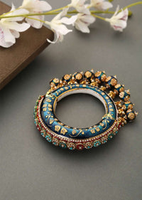 Blue Bangle Featuring Hand Painted Minakari And Traditional Punjabi Jadau Work With Shell Pearls By Paisley Pop