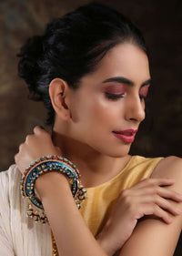 Blue Bangle Featuring Hand Painted Minakari And Traditional Punjabi Jadau Work With Shell Pearls By Paisley Pop
