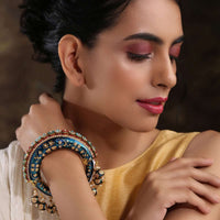 Blue Bangle Featuring Hand Painted Minakari And Traditional Punjabi Jadau Work With Shell Pearls By Paisley Pop