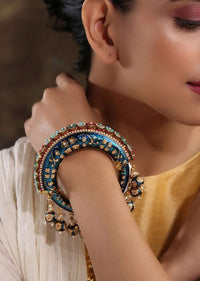 Blue Bangle Featuring Hand Painted Minakari And Traditional Punjabi Jadau Work With Shell Pearls By Paisley Pop