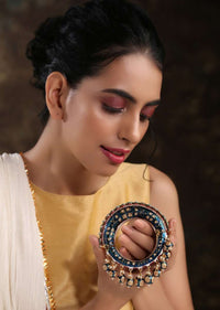 Blue Bangle Featuring Hand Painted Minakari And Traditional Punjabi Jadau Work With Shell Pearls By Paisley Pop