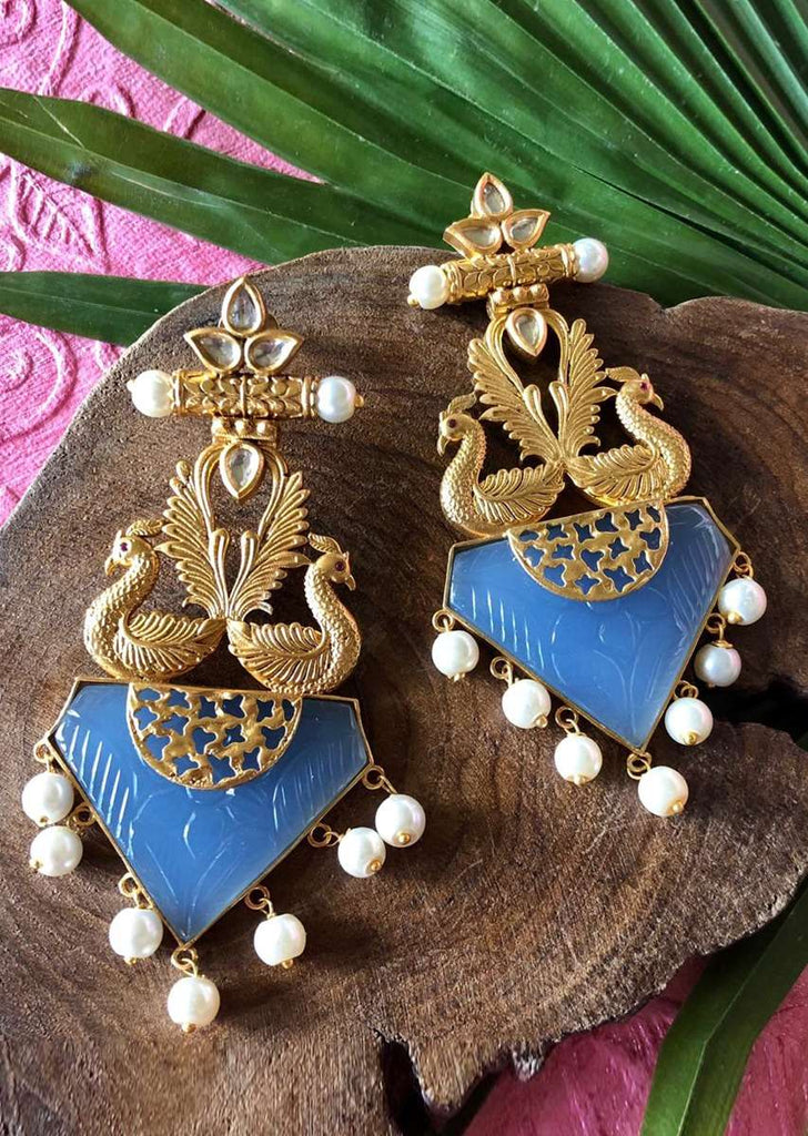 Blue Baroque Stone Earrings With Gold Plated Symmetric Peacock Design Online - By Kripa Pranay