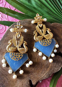 Blue Baroque Stone Earrings With Gold Plated Symmetric Peacock Design Online - By Kripa Pranay