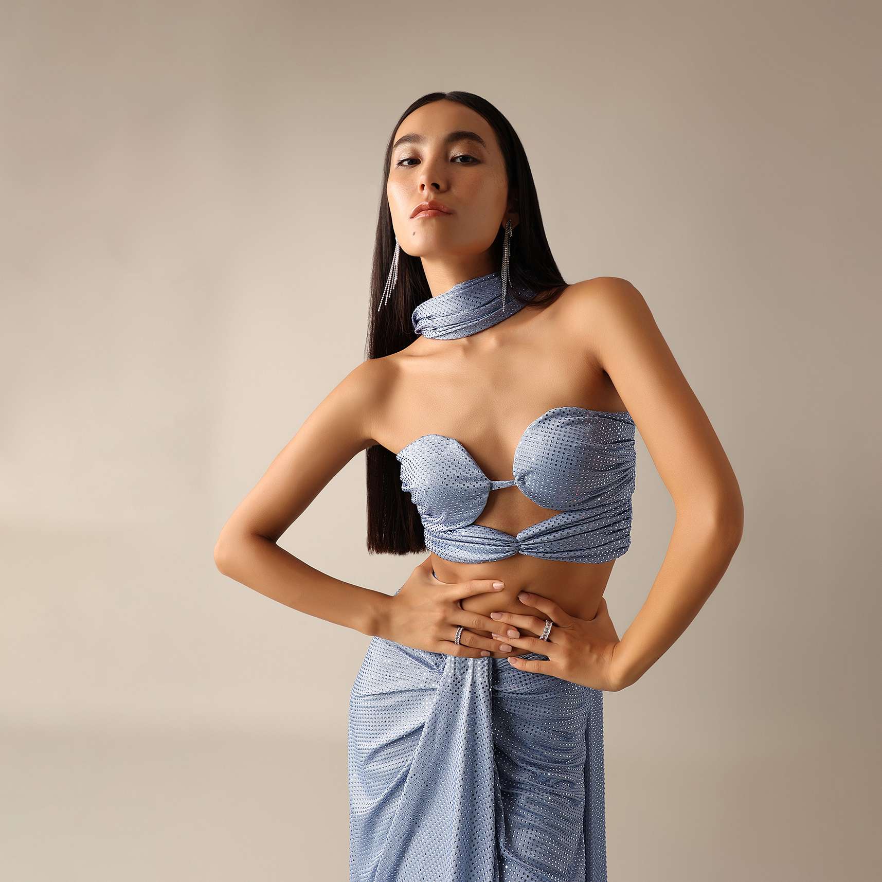 Blue Bodycon Blouse with a Dhoti Style Draped Skirt