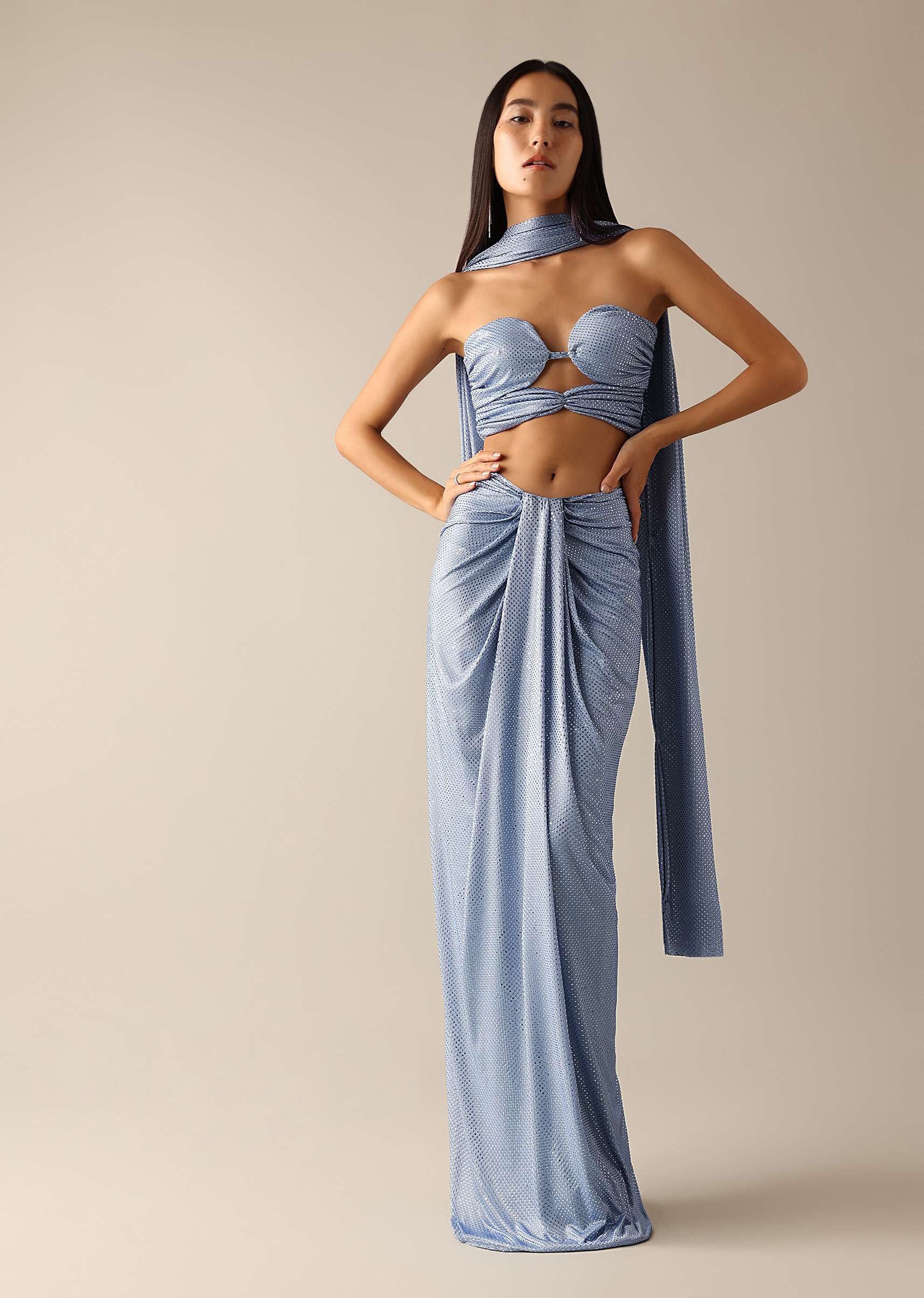 Blue Bodycon Blouse with a Dhoti Style Draped Skirt