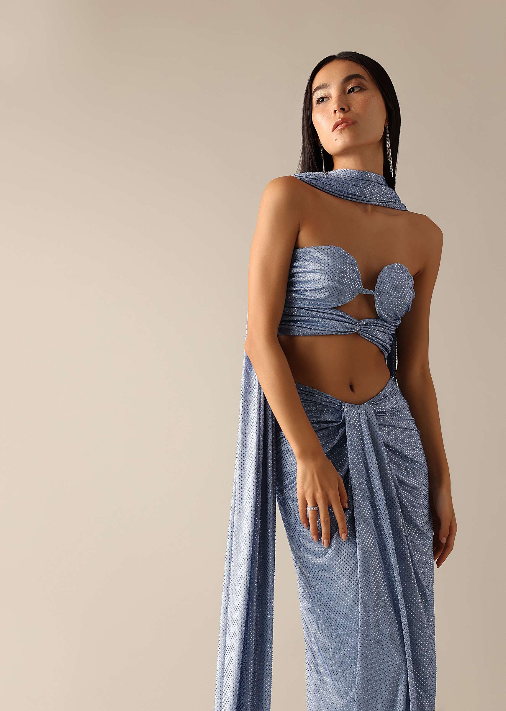 Blue Bodycon Blouse with a Dhoti Style Draped Skirt