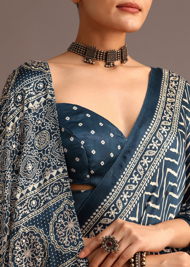 Blue Chevron And Ajrakh Printed Satin Saree