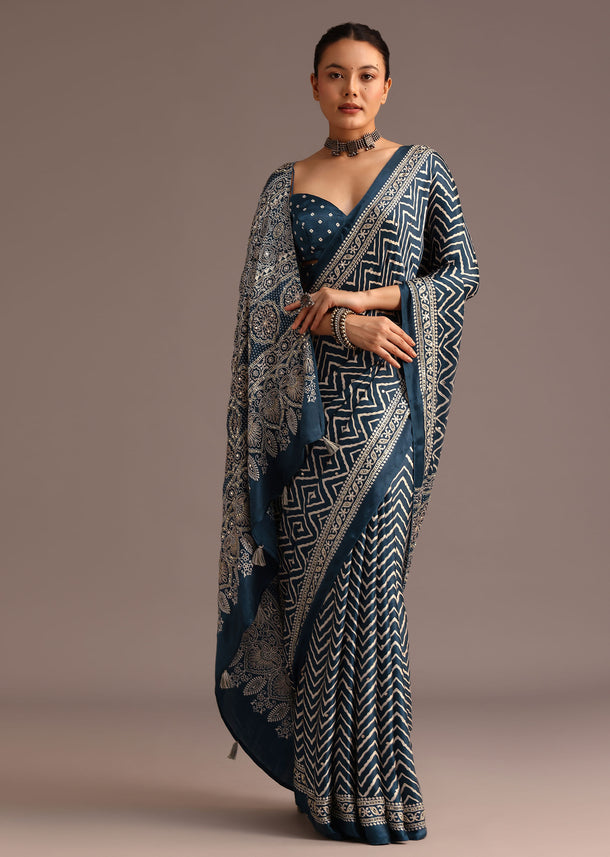 Blue Chevron And Ajrakh Printed Satin Saree