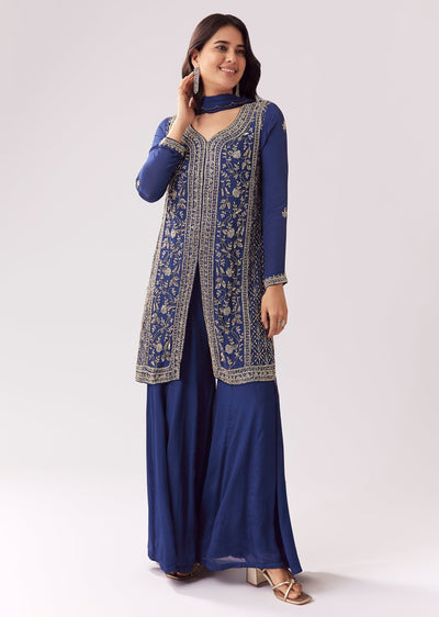 Blue Chinon Palazzo Suit With Cutdana Beadwork And Sweetheart Neckline