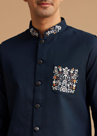 Blue Cotton Linen Kurta Jacket Set With Thread And Diamond Work