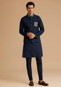 Blue Cotton Linen Kurta Jacket Set With Thread And Diamond Work