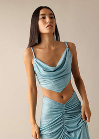 Blue Cowl Draped Blouse And Gathered Skirt Set