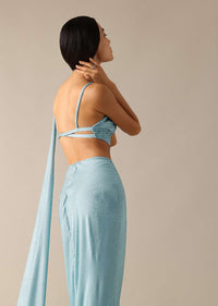 Blue Cowl Draped Blouse And Gathered Skirt Set