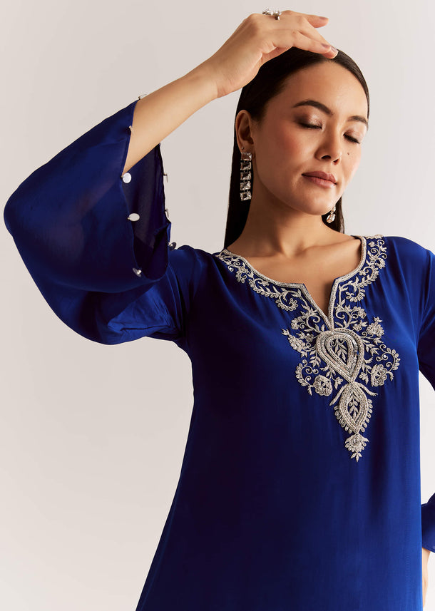 Blue Crepe Kurta Set With Silver Zardosi And Asymmetrical Cut
