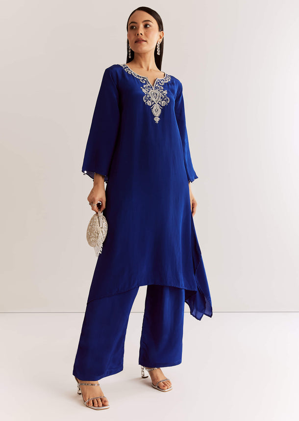 Blue Crepe Kurta Set With Silver Zardosi And Asymmetrical Cut