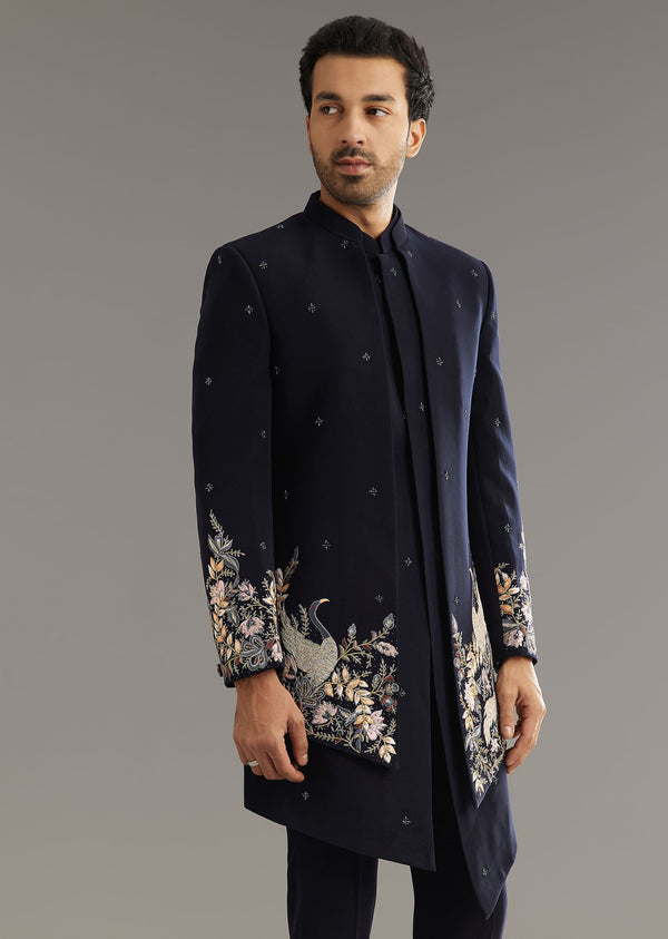Blue Cutdana Embroidered Indo Western Set With Bird And Floral Motif
