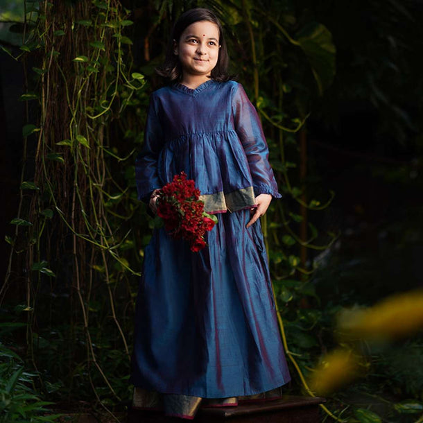 Kalki Girls Blue Dress In Cotton Silk With A Loose Comfort Fit And Tie Up At The Back By Love The World Today