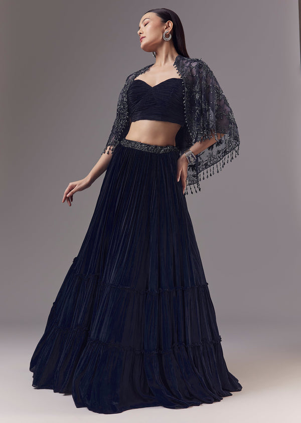 Blue Embellished Cape and Lehenga Set