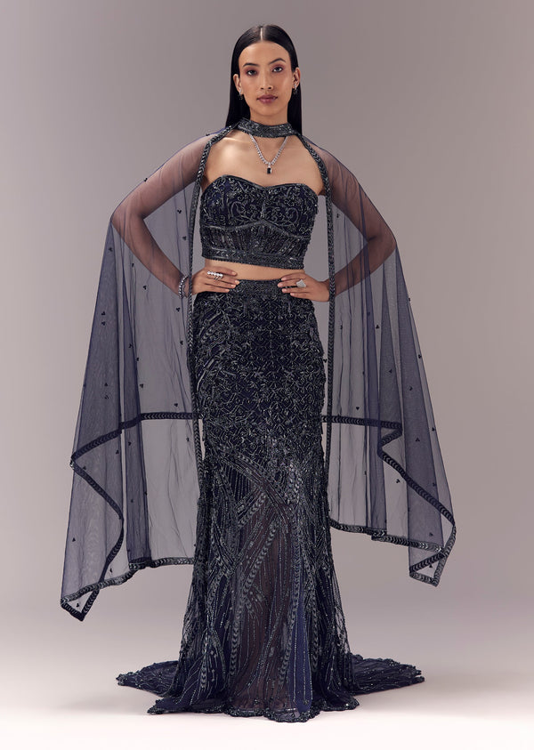 Blue Embellished Fishcut Lehenga with Corset Blouse and Choker Dupatta