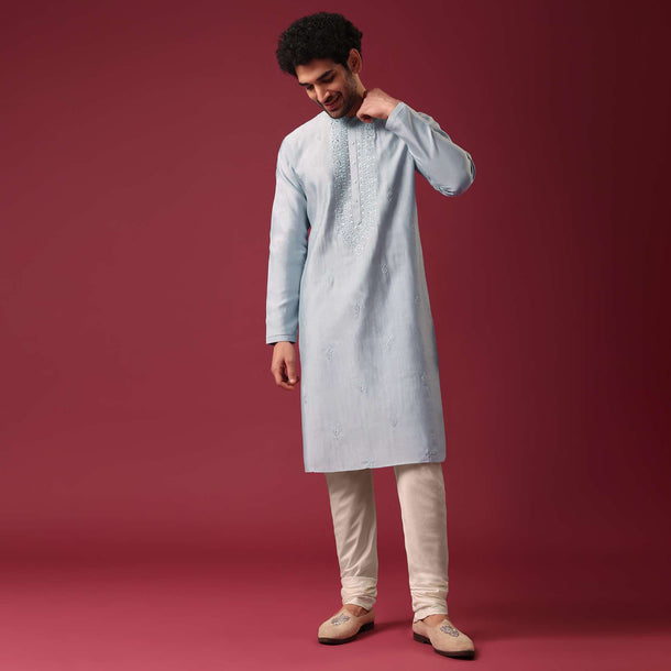 Blue Embroidered Kurta Set In Silk