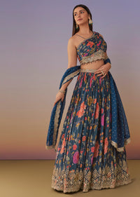 Blue Floral One Shoulder Lehenga Set With Sequin Detailing