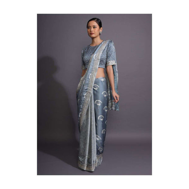 Blue Grey Saree In With Batik Printed Stripes On The Pleats And Floral Motifs On The Pallu Online - Kalki Fashion