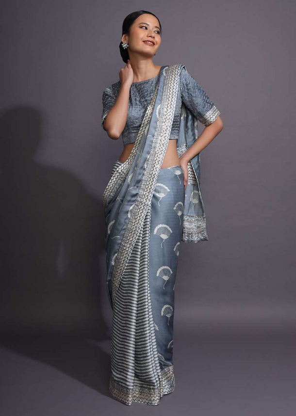 Blue Grey Saree In With Batik Printed Stripes On The Pleats And Floral Motifs On The Pallu Online - Kalki Fashion