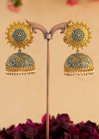 Blue Hand Painted Jhumkas With Floral Design And Dangling Beads Online - Kalki Fashion