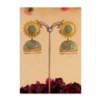 Blue Hand Painted Jhumkas With Floral Design And Dangling Beads Online - Kalki Fashion