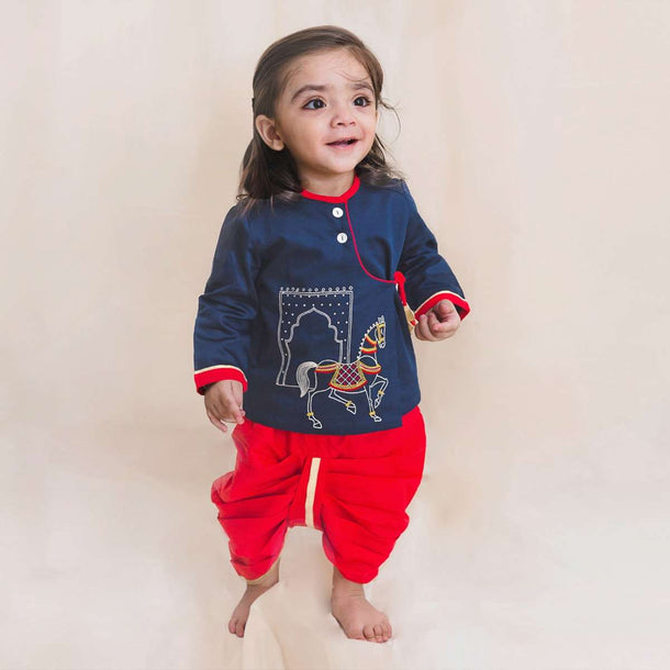 Kalki Boys Blue Kurta And Red Dhoti Set In Cotton With Thread And Zari Embroidered Horse Motifs By Tiber Taber