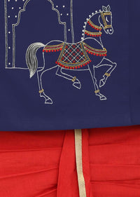 Kalki Boys Blue Kurta And Red Dhoti Set In Cotton With Thread And Zari Embroidered Horse Motifs By Tiber Taber