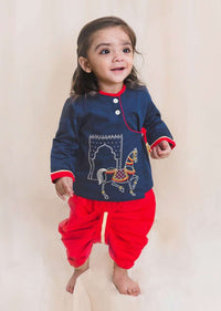 Kalki Boys Blue Kurta And Red Dhoti Set In Cotton With Thread And Zari Embroidered Horse Motifs By Tiber Taber