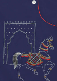 Kalki Boys Blue Kurta And Red Dhoti Set In Cotton With Thread And Zari Embroidered Horse Motifs By Tiber Taber
