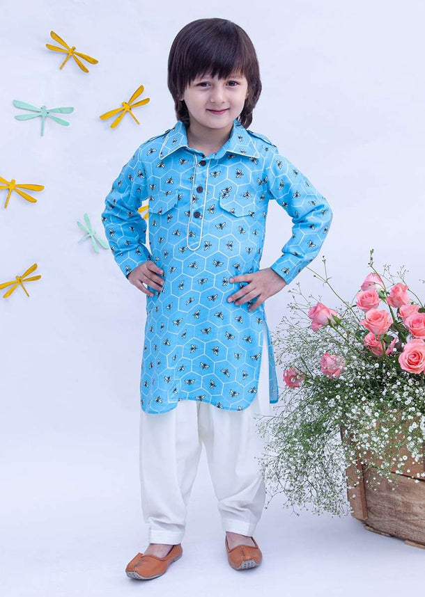 Kalki Boys Blue Kurta And Salwar Set Featuring Printed Buttis In Bee And Beehive Motifs By Fayon Kids