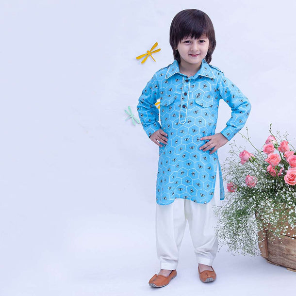 Kalki Boys Blue Kurta And Salwar Set Featuring Printed Buttis In Bee And Beehive Motifs By Fayon Kids