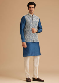 Blue Kurta Jacket Set With Resham Embroidery And Handworked Collar