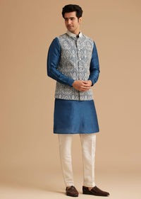 Blue Kurta Jacket Set With Resham Embroidery And Handworked Collar