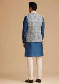 Blue Kurta Jacket Set With Resham Embroidery And Handworked Collar