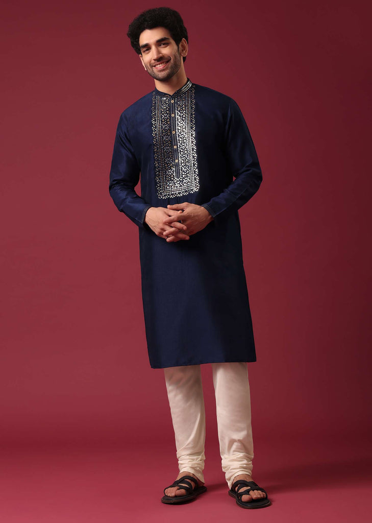 Blue Kurta Set In Silk with Leather Work