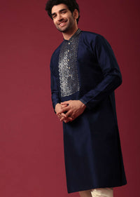 Blue Kurta Set In Silk with Leather Work