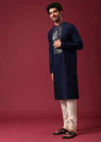 Blue Kurta Set In Silk with Leather Work